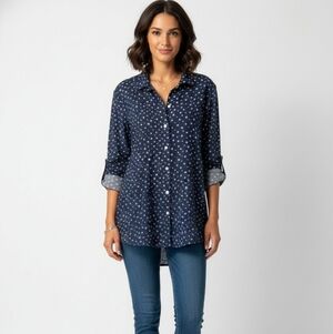 Jill McGowan Navy Blue Star Print Button Down Shirt - 100% Cotton - Size M